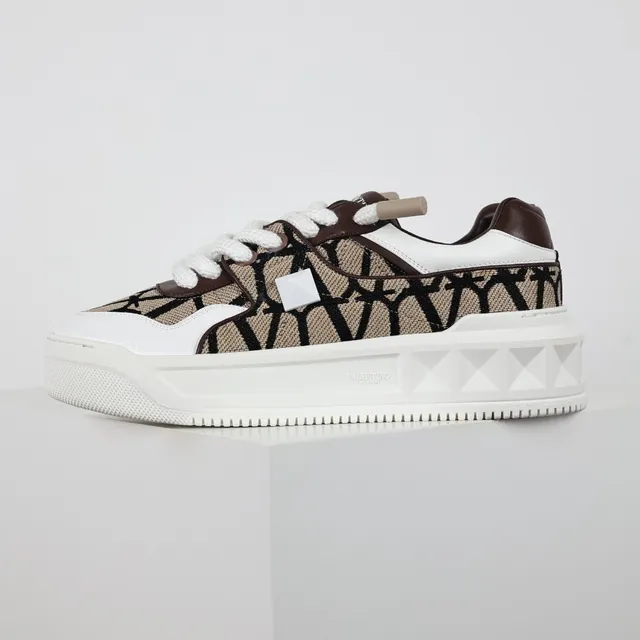 Valentino مفتوح أبيض بني Monogram Jacquard Upper Geometric Midsole Lifestyle Sneakers 9