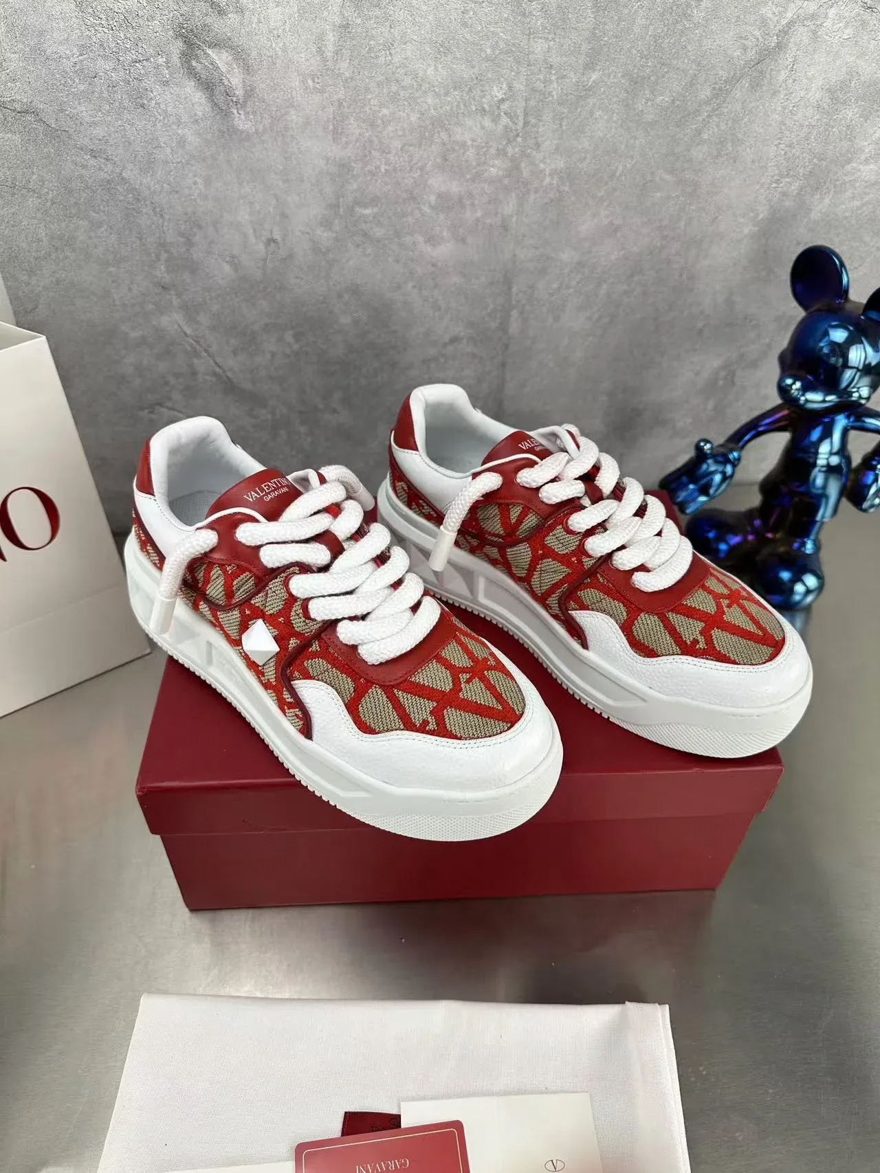 Valentino Vermelho Bege Impressão Geométrica Têxtil Parte Superior Sola Plataforma Branca Grossa Tênis Lifestyle 6