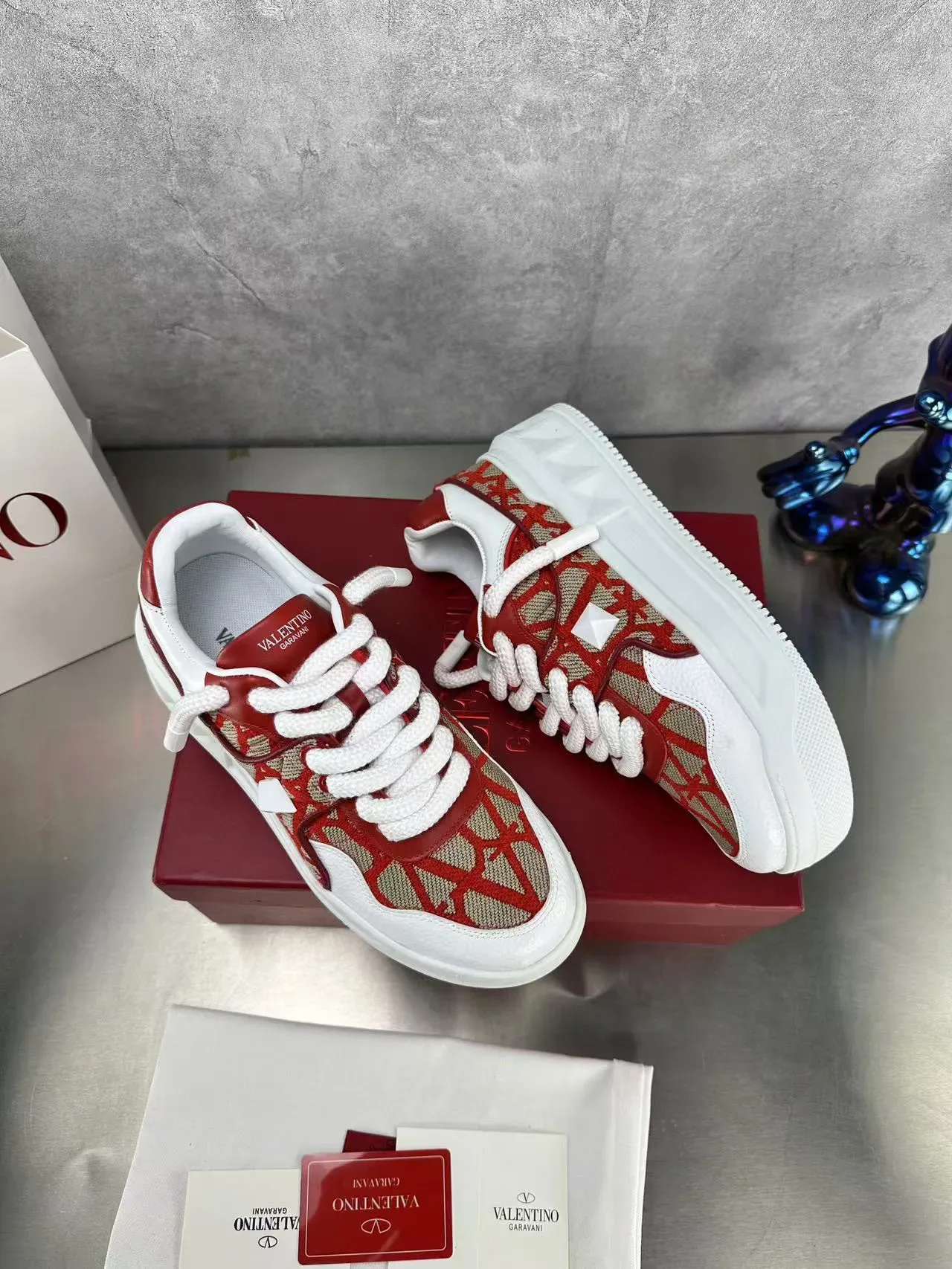 Valentino Vermelho Bege Impressão Geométrica Têxtil Parte Superior Sola Plataforma Branca Grossa Tênis Lifestyle 7