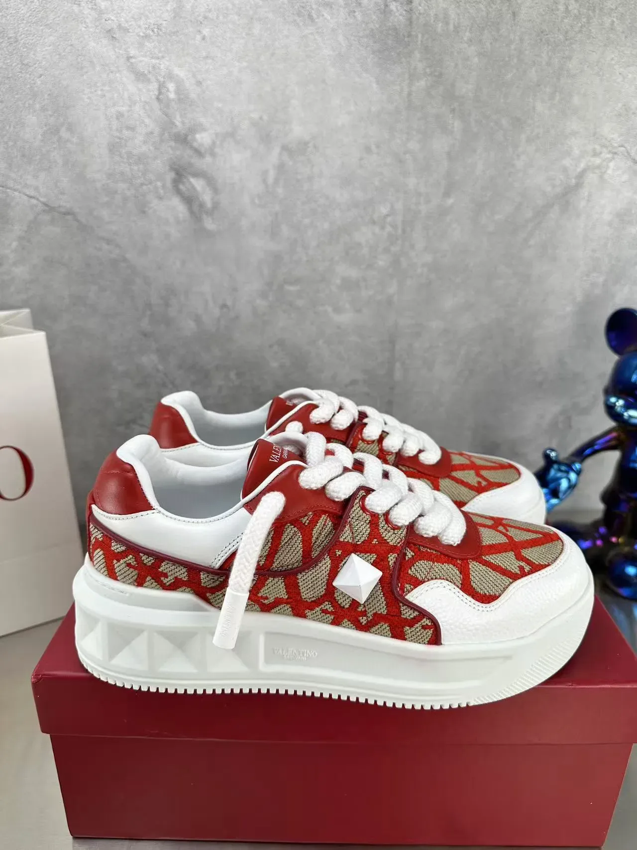 Valentino Vermelho Bege Impressão Geométrica Têxtil Parte Superior Sola Plataforma Branca Grossa Tênis Lifestyle 8