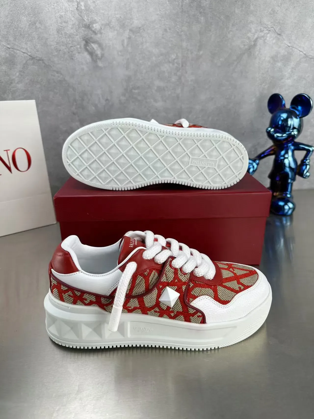 Valentino Vermelho Bege Impressão Geométrica Têxtil Parte Superior Sola Plataforma Branca Grossa Tênis Lifestyle 9