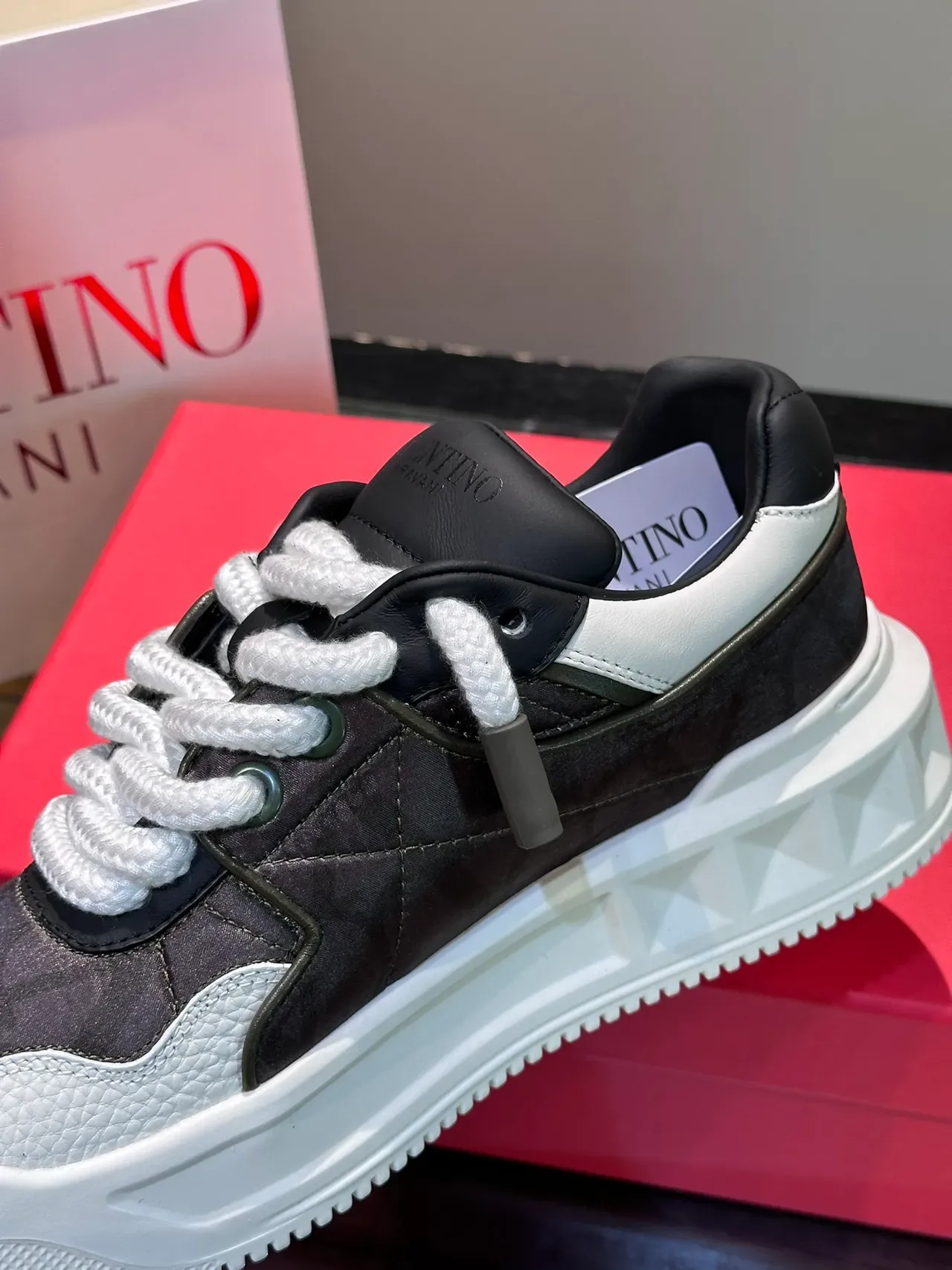 Valentino Rockstud Black White Platform Sole Pyramid Hardware Chunky Sneakers 3
