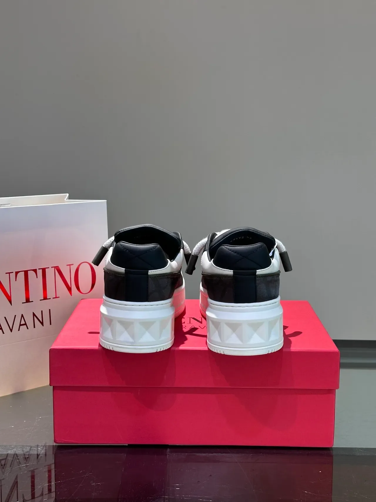 Valentino Rockstud Black White Platform Sole Pyramid Hardware Chunky Sneakers 4