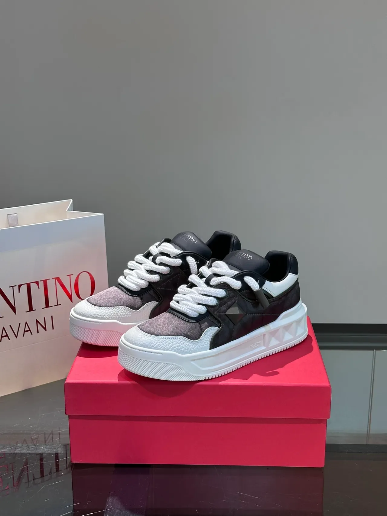 Valentino Rockstud Black White Platform Sole Pyramid Hardware Chunky Sneakers 5