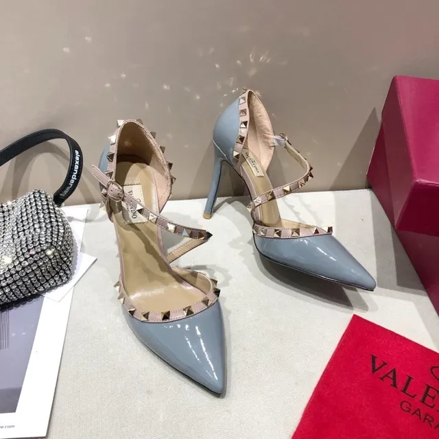 Valentino Rockstud Gray and Nude Studded T-Strap Stilettos 5