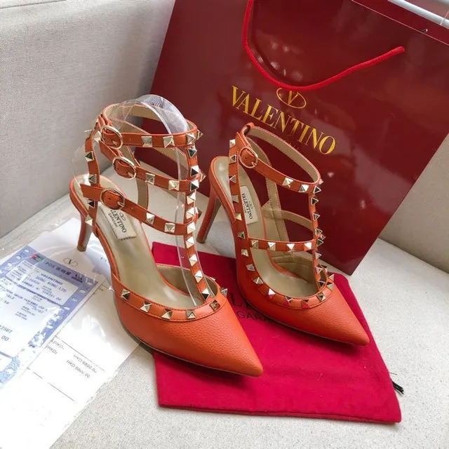 Valentino Rockstud Naranja Cuero Pirámide Stud Tacones 5