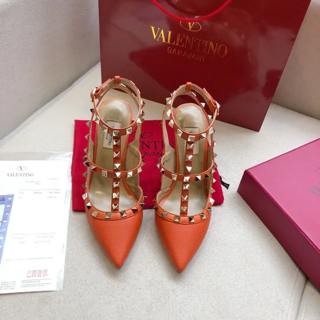Valentino Rockstud Naranja Cuero Pirámide Stud Tacones 8