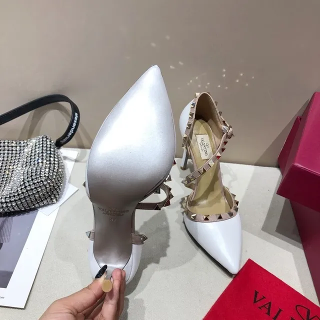 Valentino Rockstud White Pyramid Stud T-Strap Stilettos 7