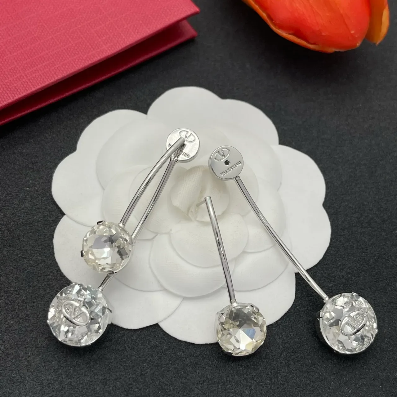 Valentino Boucles d'oreilles Cristal Transparente Triple Drop Argent Facetté 5