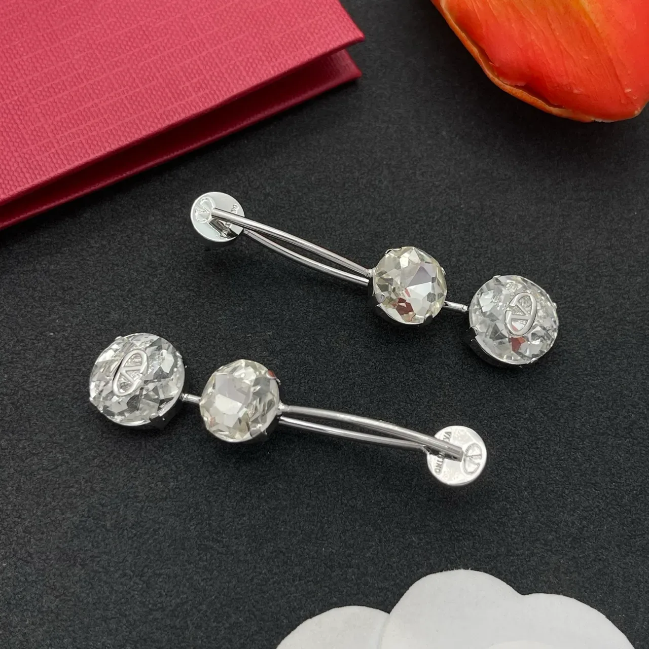 Valentino Boucles d'oreilles Cristal Transparente Triple Drop Argent Facetté 6