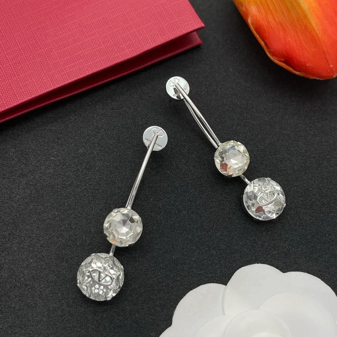 Valentino Boucles d'oreilles Cristal Transparente Triple Drop Argent Facetté 7