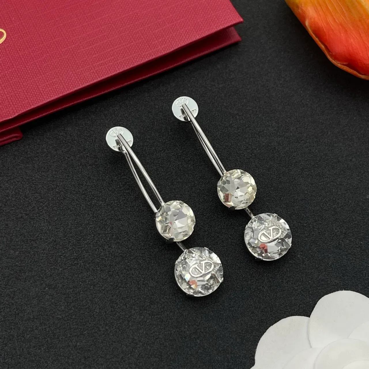 Valentino Boucles d'oreilles Cristal Transparente Triple Drop Argent Facetté 8