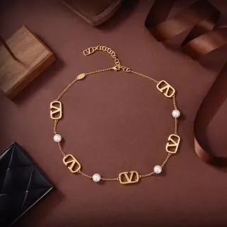 Valentino VLogo Pearl Gold White Chain Motifs Necklace
