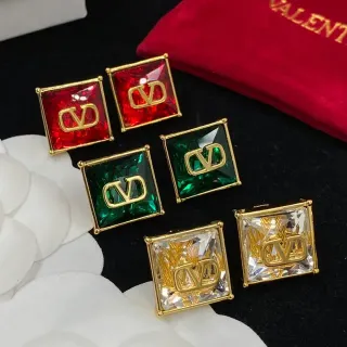 Valentino VLTN Red Gold Square-Cut Faceted Stones Logo Earrings