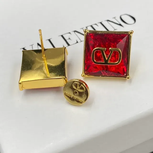 Valentino VLTN Boucles d'oreilles Rouge Or Carré-Coupé Pierres Facetées Logo 2