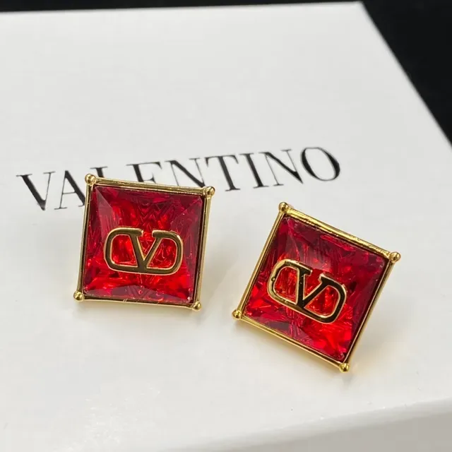 Valentino VLTN Boucles d'oreilles Rouge Or Carré-Coupé Pierres Facetées Logo 3