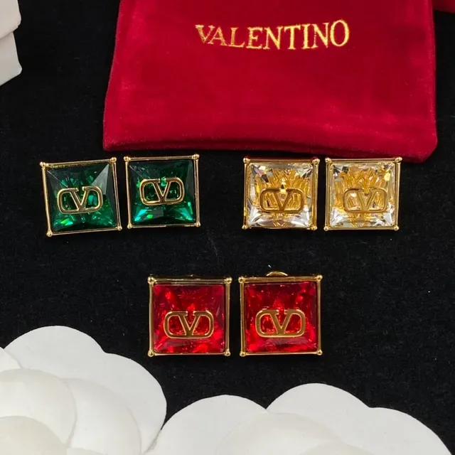 Valentino VLTN Boucles d'oreilles Rouge Or Carré-Coupé Pierres Facetées Logo 6
