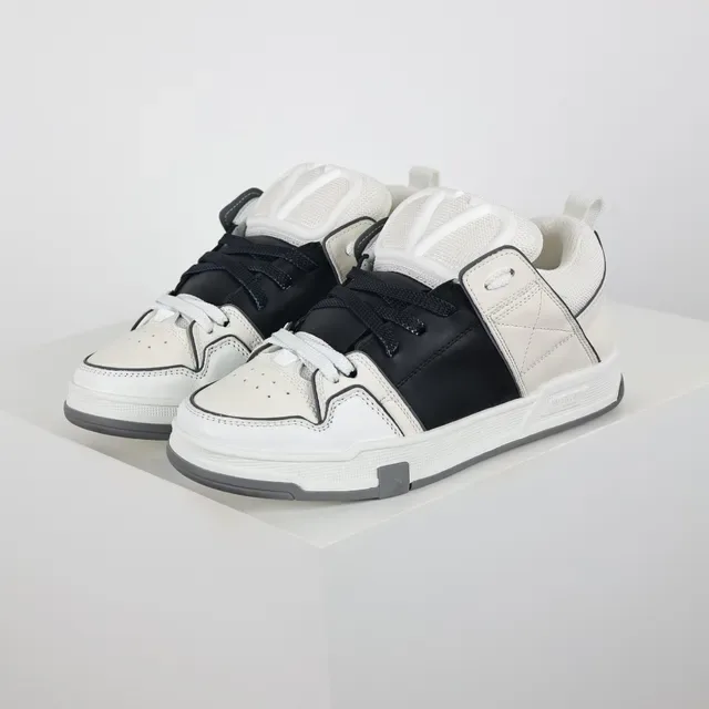 Valentino White Black Structured Leather-and-Mesh Upper Quilted Side Strap Sneakers 2