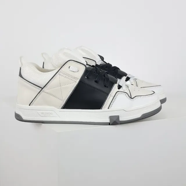 Valentino White Black Structured Leather-and-Mesh Upper Quilted Side Strap Sneakers 3