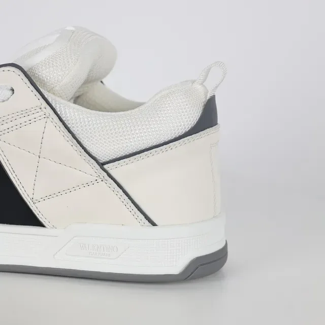 Valentino White Black Structured Leather-and-Mesh Upper Quilted Side Strap Sneakers 4