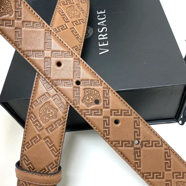 Versace Beige Silver Embossed Greca Pattern Medusa Head Buckle Leather Belt 2