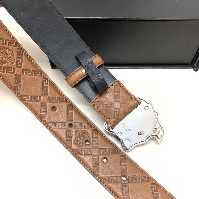 Versace Beige Silver Embossed Greca Pattern Medusa Head Buckle Leather Belt 3