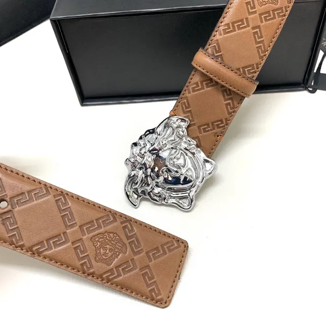 Versace Beige Silver Embossed Greca Pattern Medusa Head Buckle Leather Belt 4