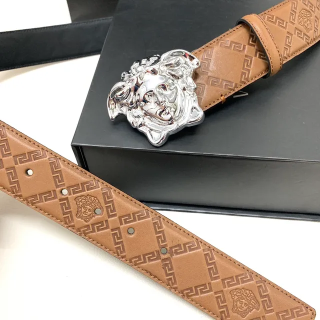 Versace Beige Silver Embossed Greca Pattern Medusa Head Buckle Leather Belt 5