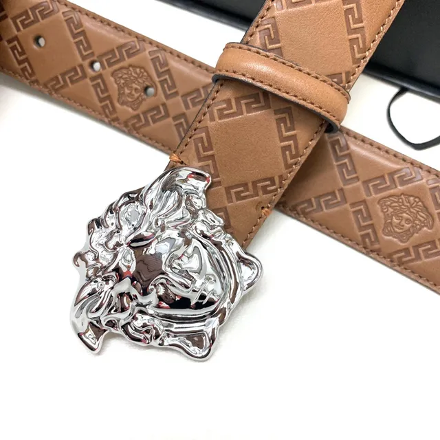 Versace Beige Silver Embossed Greca Pattern Medusa Head Buckle Leather Belt 6