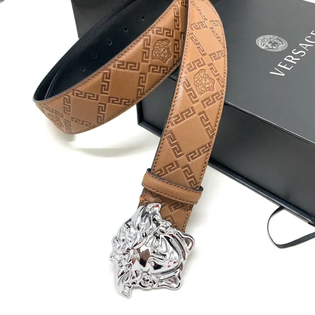 Versace Beige Silver Embossed Greca Pattern Medusa Head Buckle Leather Belt 8