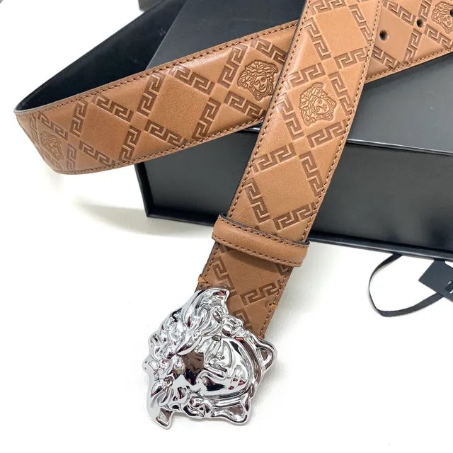 Versace Beige Silver Embossed Greca Pattern Medusa Head Buckle Leather Belt 9