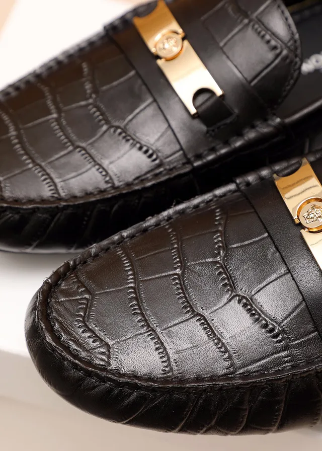 Versace Preto Dourado Couro Crocodilo Embossado Cinto Medusa-Bar Mocassim 4