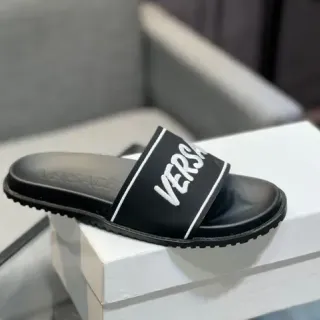 Versace Black White Molded Rubber Sole Wide Branded Strap Slippers