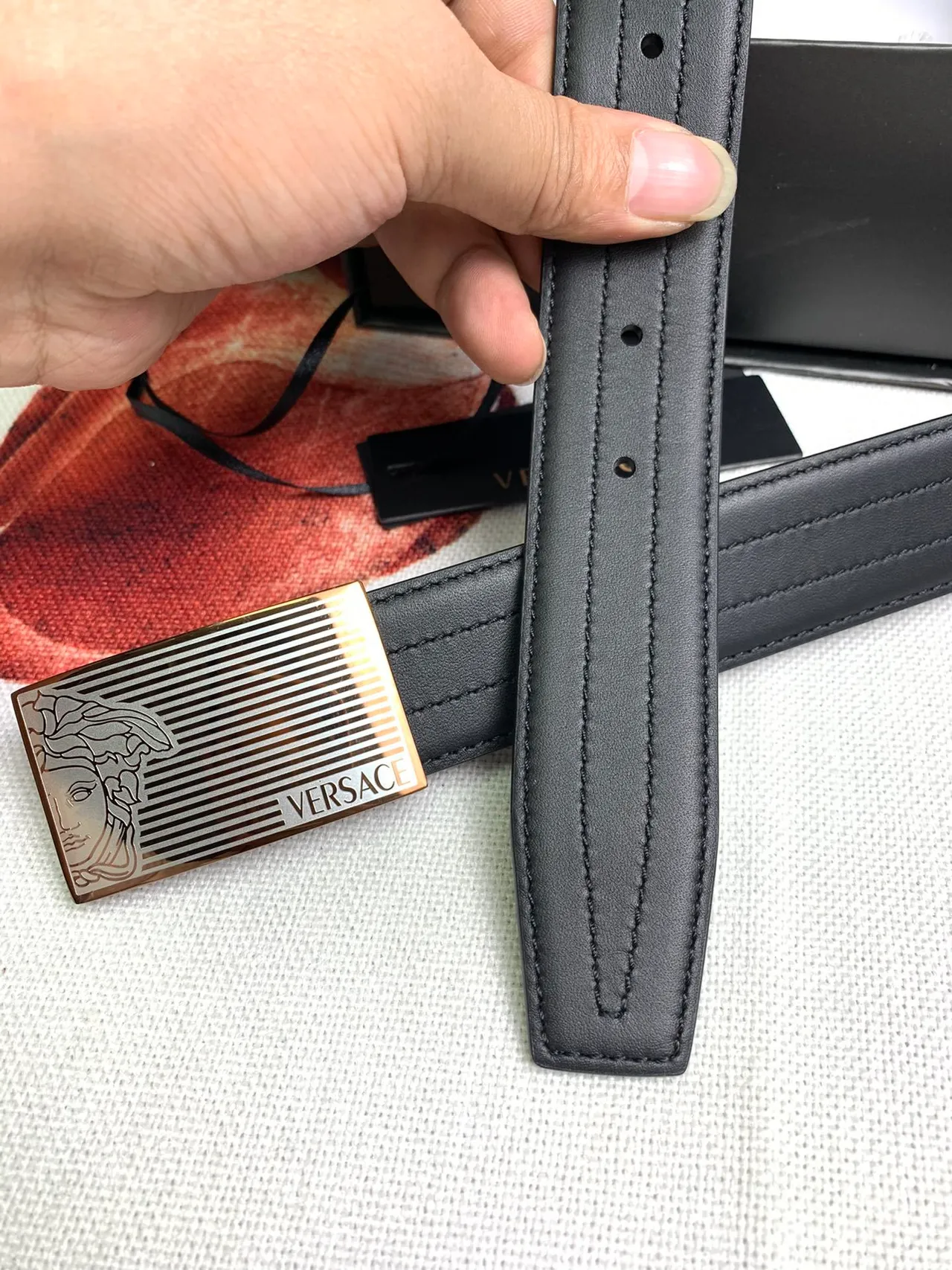 Versace Chain Reaction Black Gold Smooth Rectangular Buckle Leather Belt 2
