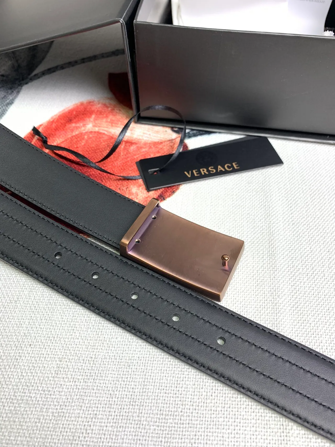 Versace Chain Reaction Black Gold Smooth Rectangular Buckle Leather Belt 3