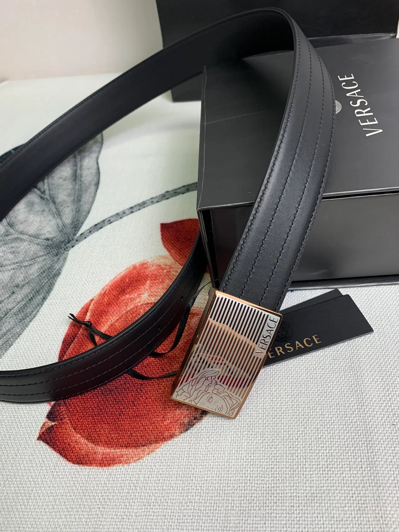 Versace Chain Reaction Black Gold Smooth Rectangular Buckle Leather Belt 5