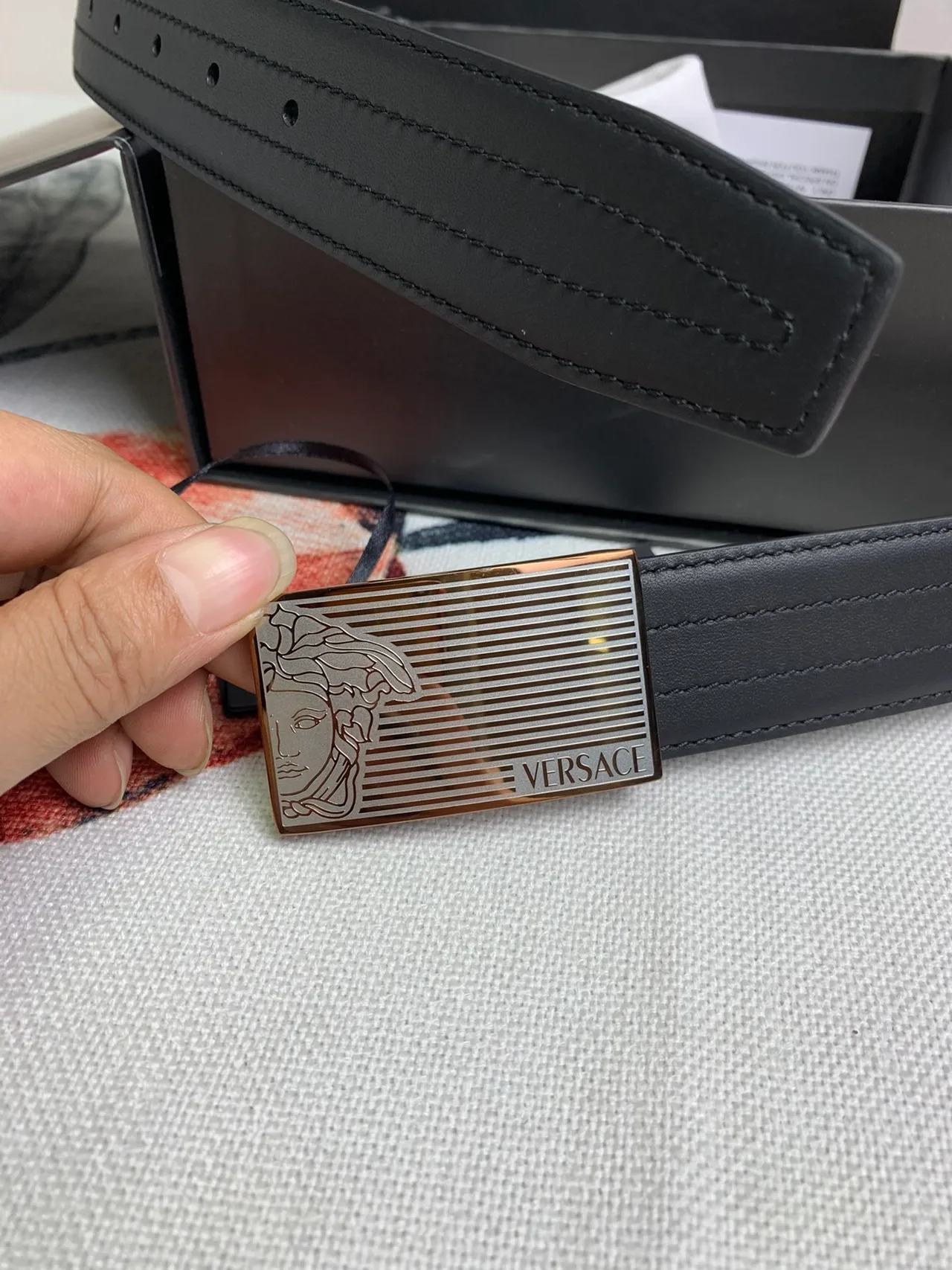 Versace Chain Reaction Black Gold Smooth Rectangular Buckle Leather Belt 6
