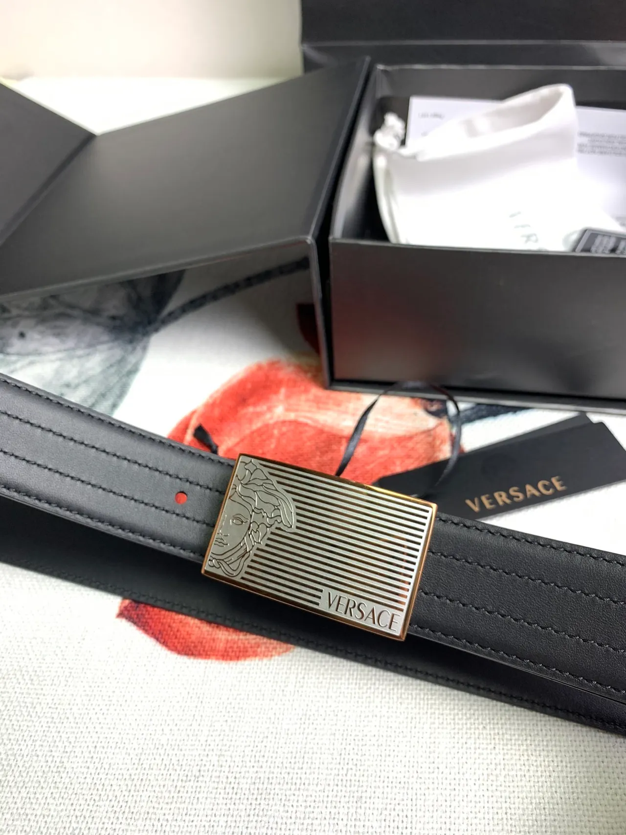 Versace Chain Reaction Black Gold Smooth Rectangular Buckle Leather Belt 7