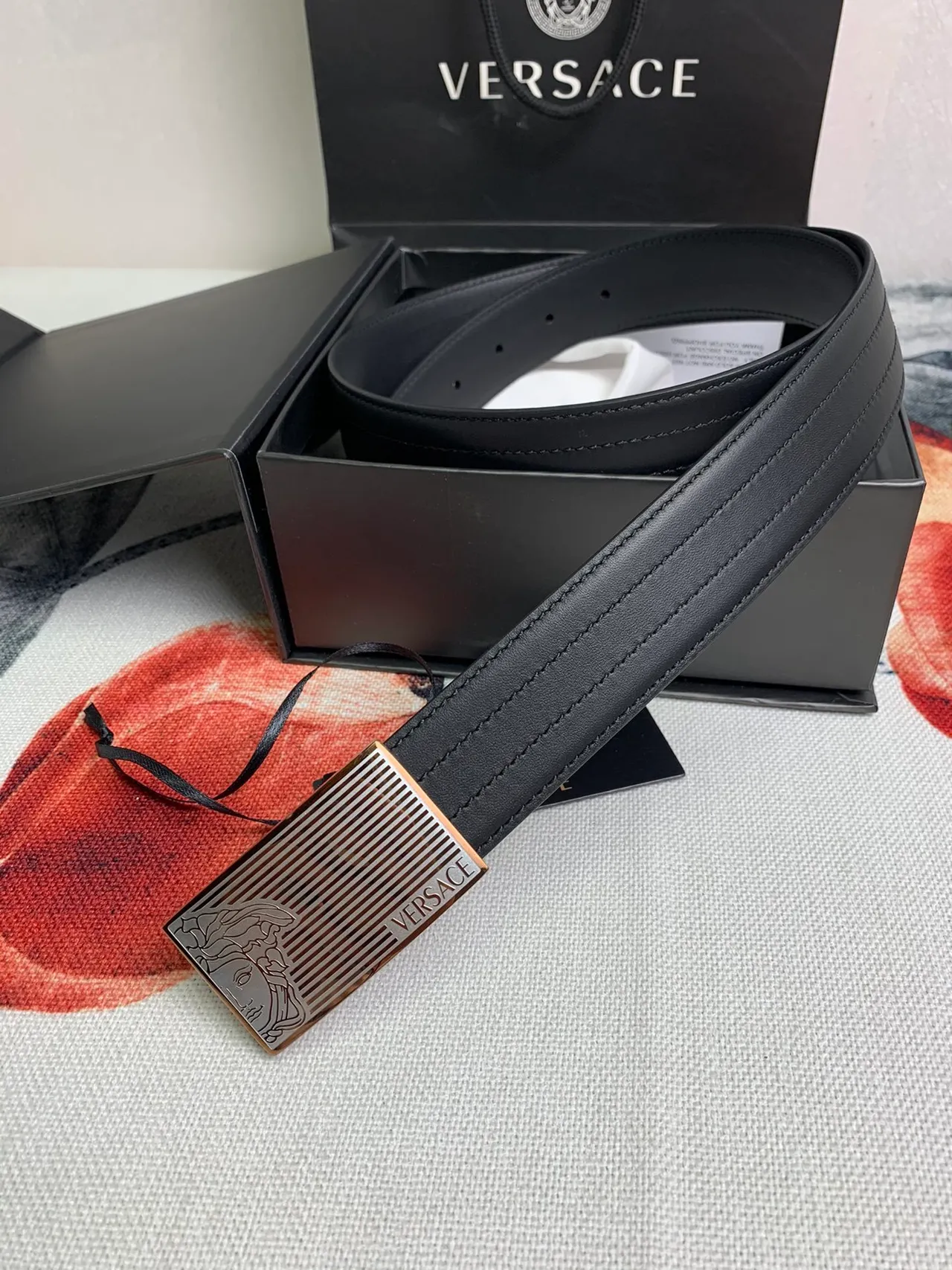 Versace Chain Reaction Black Gold Smooth Rectangular Buckle Leather Belt 8
