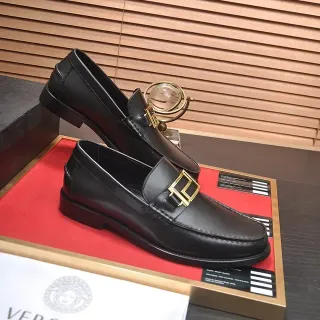 Versace Chain Reaction Black Leather Gold Buckle Loafers