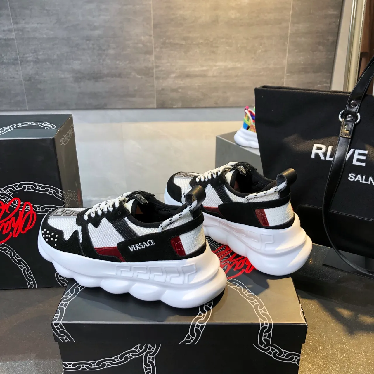 Versace Chain Reaction Black White Orange Chunky Sneakers 2