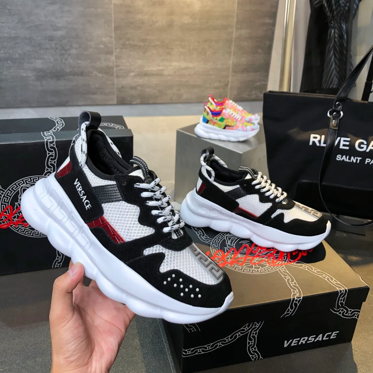 Versace Chain Reaction Black White Orange Chunky Sneakers 3