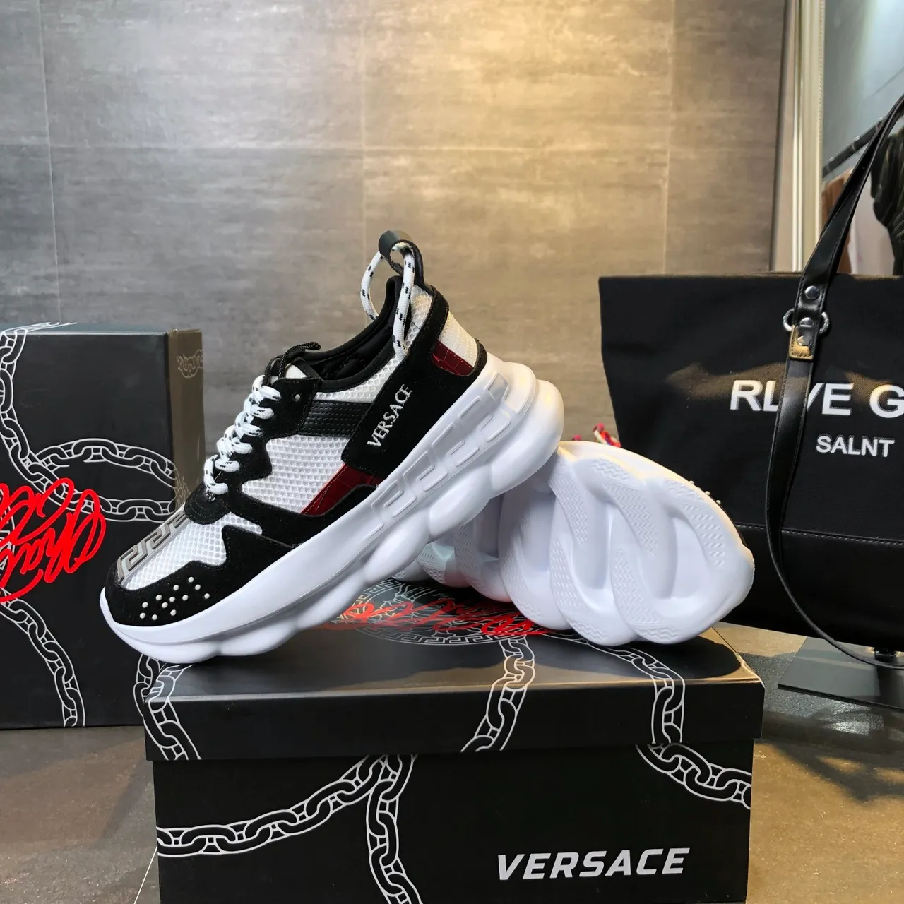 Versace Chain Reaction Black White Orange Chunky Sneakers 4