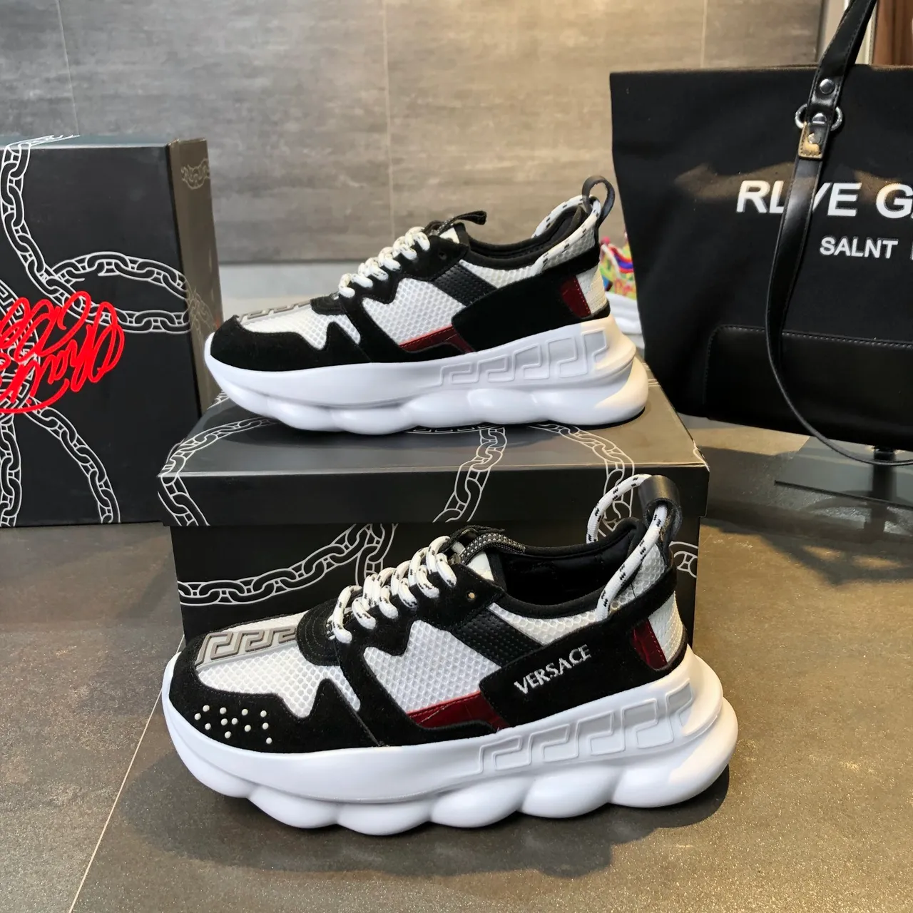 Versace Chain Reaction Black White Orange Chunky Sneakers 5