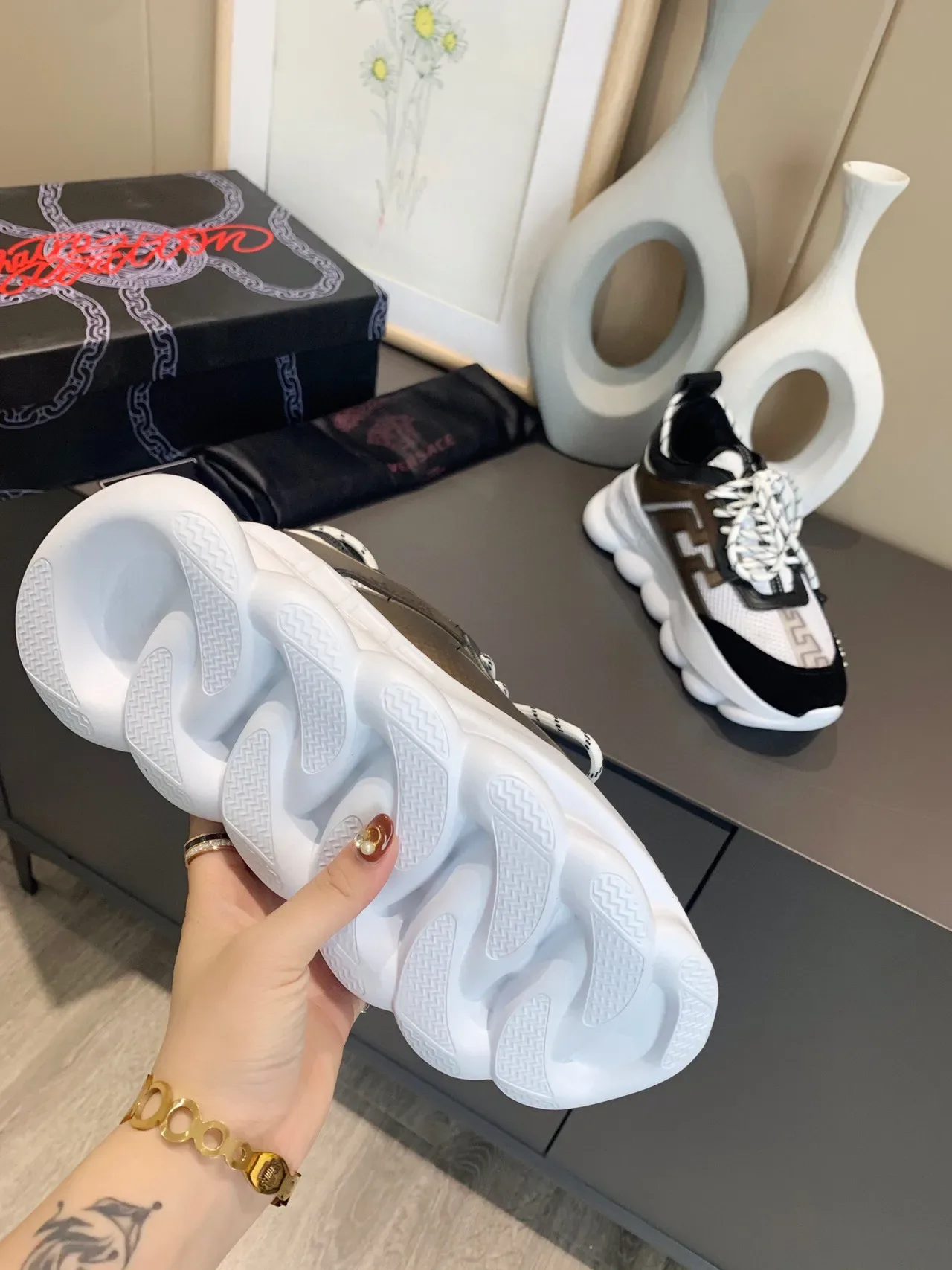 Versace Chain Reaction White Black Brown Chunky Sneakers 2