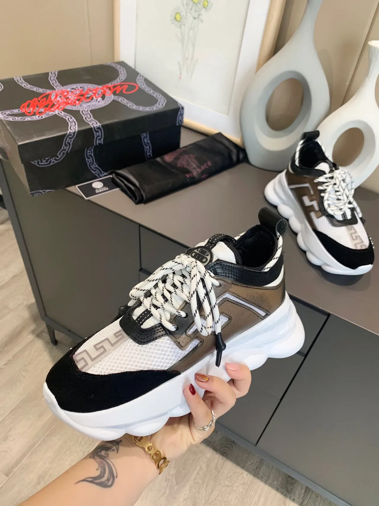 Versace Chain Reaction White Black Brown Chunky Sneakers 5