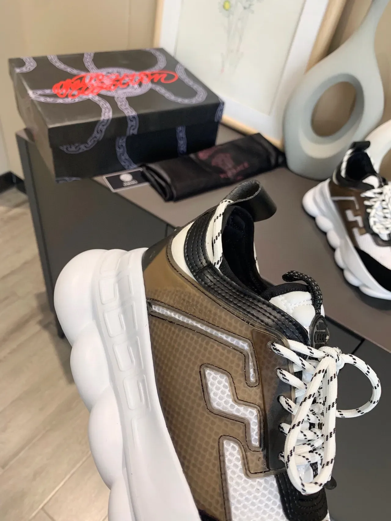 Versace Chain Reaction White Black Brown Chunky Sneakers 6