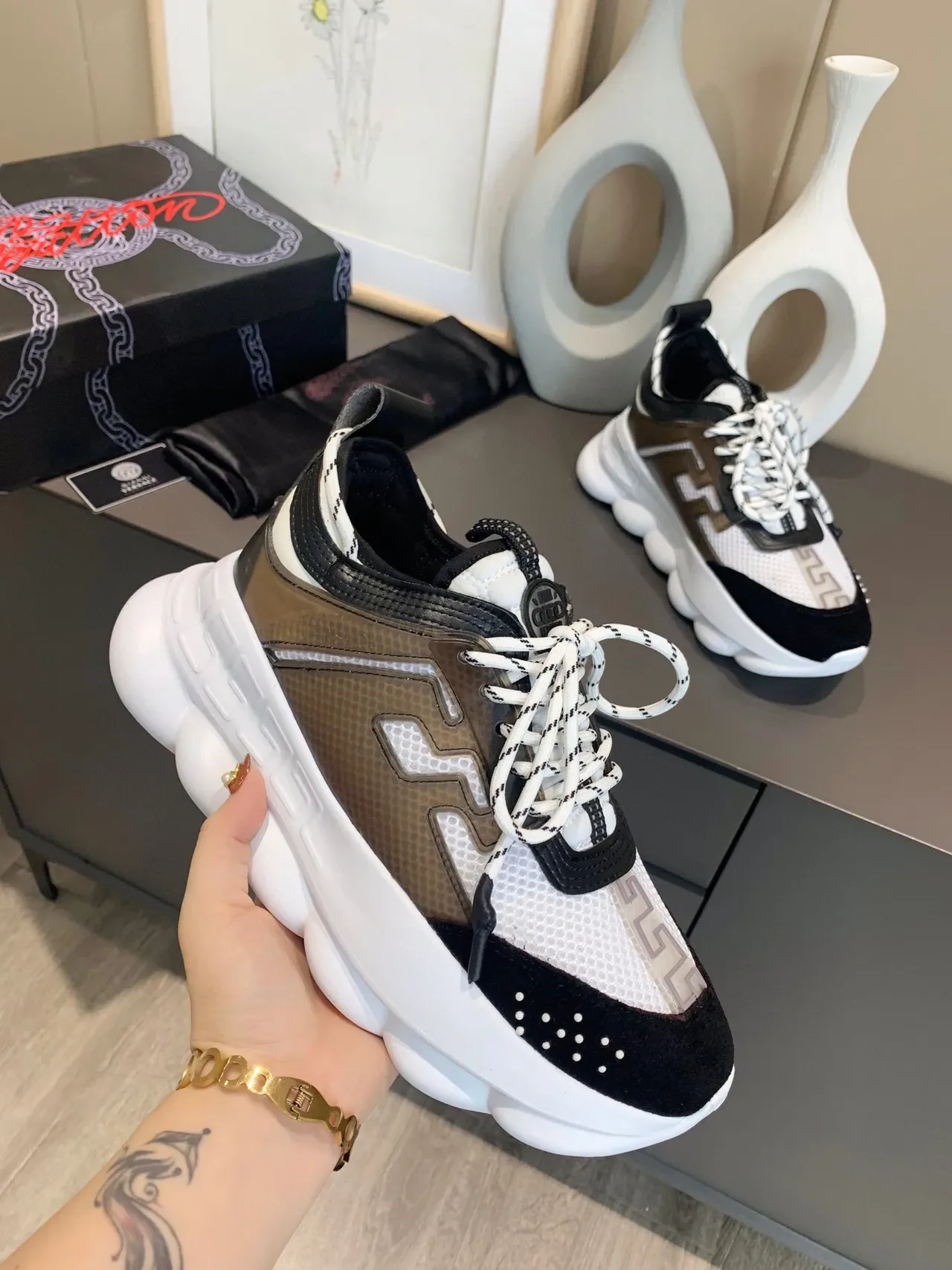 Versace Chain Reaction White Black Brown Chunky Sneakers 7