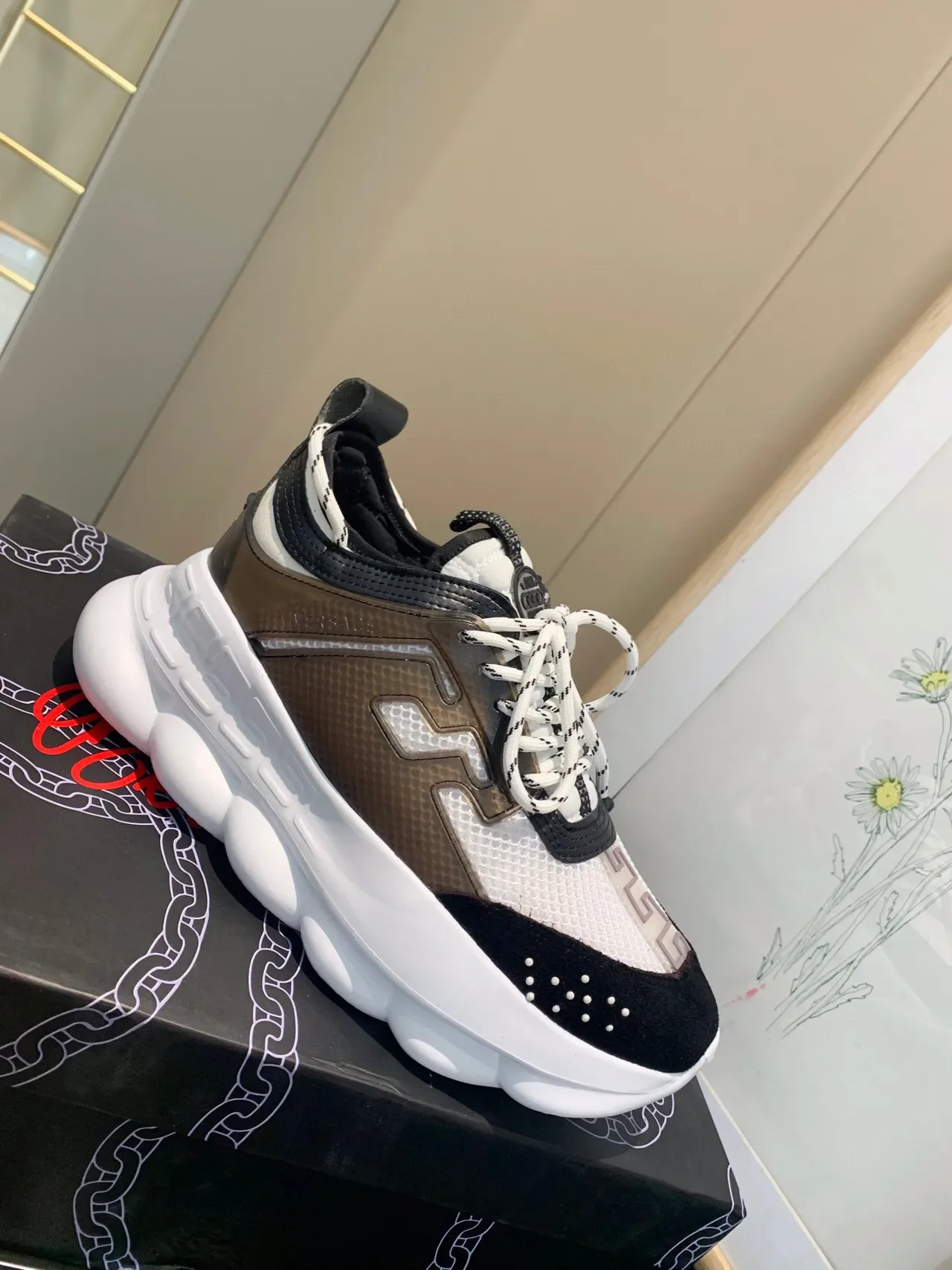 Versace Chain Reaction White Black Brown Chunky Sneakers 9