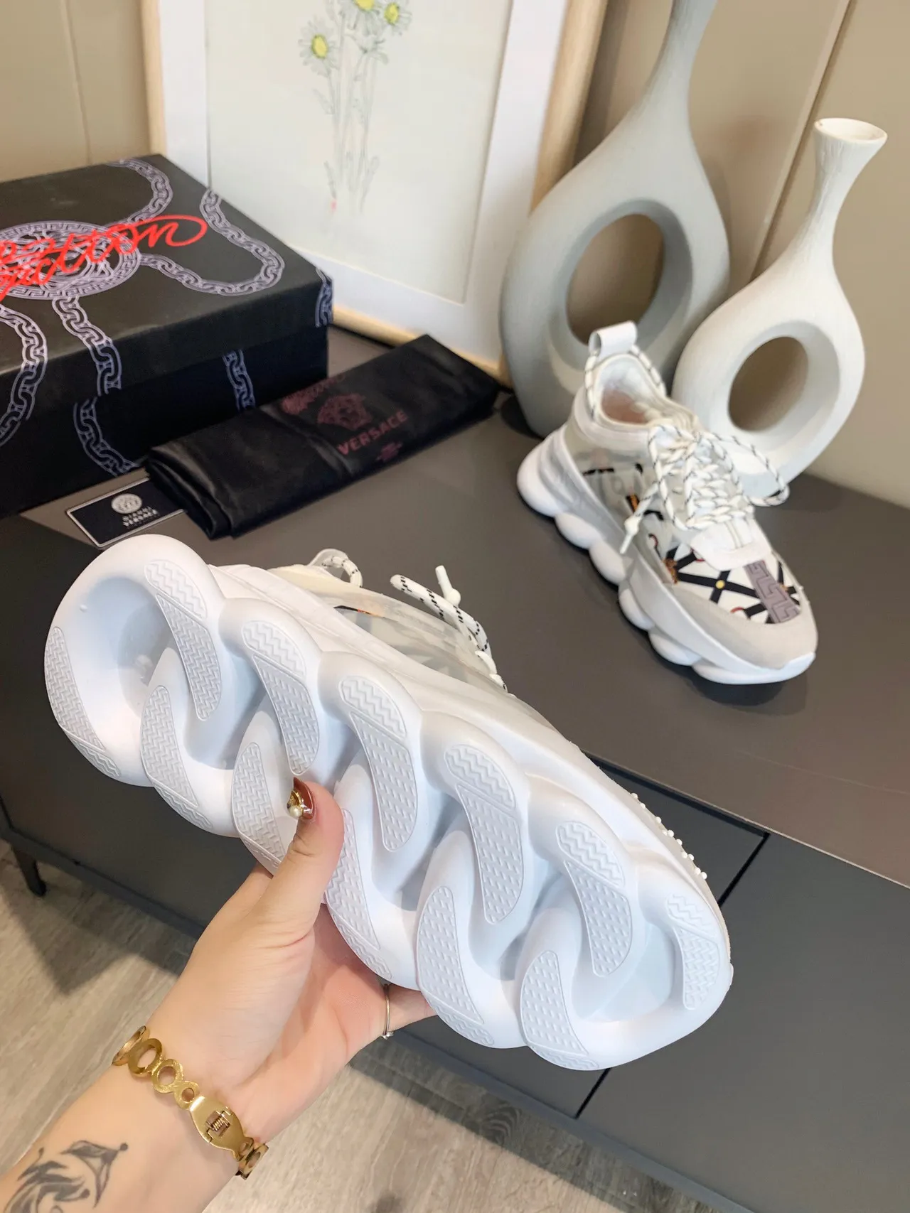 Versace Chain Reaction White Black Orange Chunky Sneakers 2